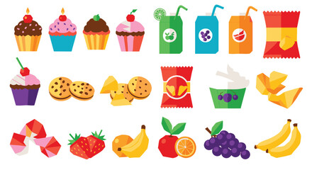 A Vibrant Flat Vector Collection of Assorted Snacks, Sweet Treats, Fruits, and Beverages