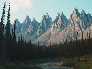 Majestic Mountain Peaks Surrounded by Lush Green Forest Landscape
