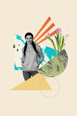 Picture collage of person 8 march holiday with half globe rain drops flowers on pastel color...