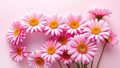 Fototapeta premium Pastel pink background, soft floral illustration of daisies, blank label, soft pink, spring