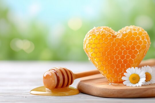 Honeycomb heart with flowers and honey on summer background with copy space on the left 