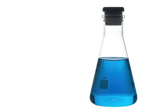Erlenmeyer flask with blue liquid isolated on transparent background