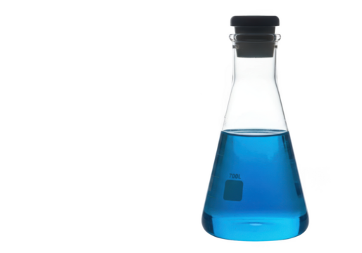 Erlenmeyer flask with blue liquid isolated on transparent background
