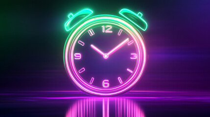 Glowing neon line icon representing morning time, isolated on purple and green backgrounds. A bright and modern vector symbol perfect for clocks, schedules, and time-related designs.
