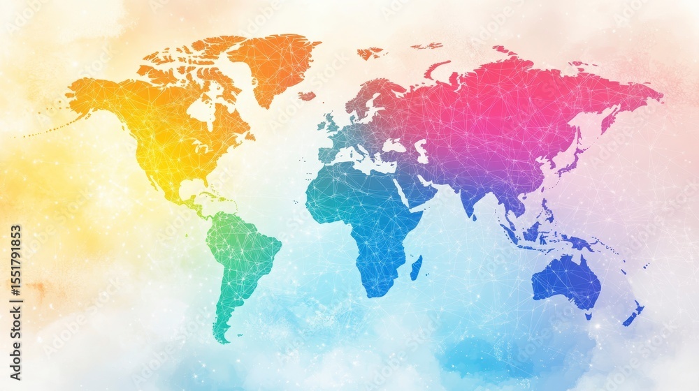 Poster colorful world map with connecting lines, representing global network.