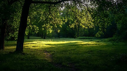 Fototapeta premium Lush Green Forest with Sunlight Filtering Through Leaves
