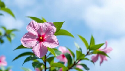 Obraz premium Pink flower, raindrops, green leaves, blue sky background, close-up, floral