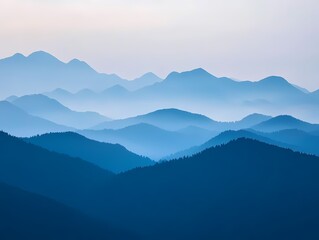 Fototapeta premium Serene Blue Mountain Landscape at Dawn with Mist and Soft Light