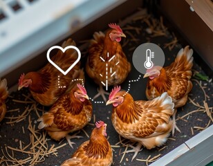 chicken coop, heart and thermometer icons above chickens, smart poultry care, digital symbolism, top down view — modern poultry tech
