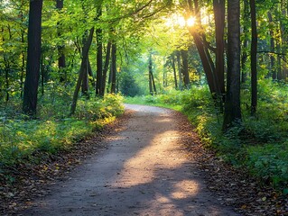 Fototapeta premium Scenic Forest Pathway with Sunlight and Lush Greenery in Autumn