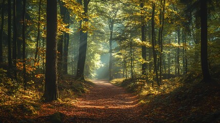 Serene Forest Path with Autumn Leaves and Sunlight Beams
