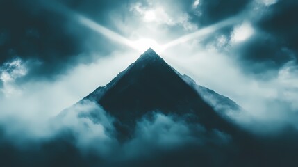 Naklejka premium Majestic Pyramid Surrounded by Clouds and Sunlight Rays