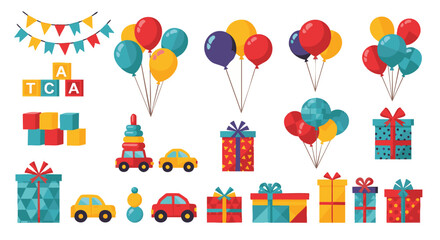 Vibrant Collection Of Festive Balloons, Colorful Gift Boxes, And Playful Childhood Toys Illustration