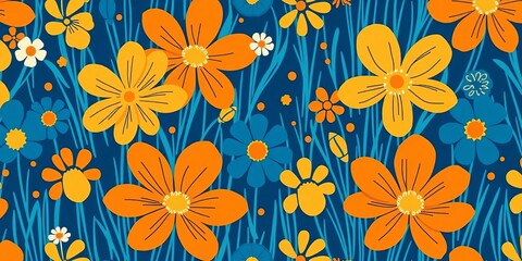 Retro blue and orange scribbled meadow flowers seamless vector pattern  ,  backdrop,  all over print