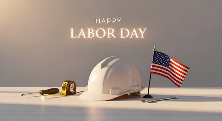 Happy, happy Labor Day with a labor safety helmet and American flag on the table