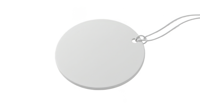 Isolated White Round Label with Metal Chain and Silver Circle