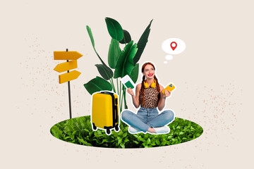 Full 3d image creative poster collage of happy girl sit tropical palm hold tickets phone booking...