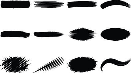 Hand-drawn black brush strokes isolated on white background, abstract ink smears, textured grunge elements, dry paint swatches, bold artistic sketch shapes, modern creative stroke collection