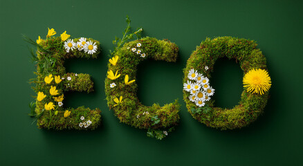 ECO letters made of green moss and yellow wildflowers. 