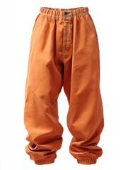 Orange pants with elastic waist and cuffs standing upright on a white background