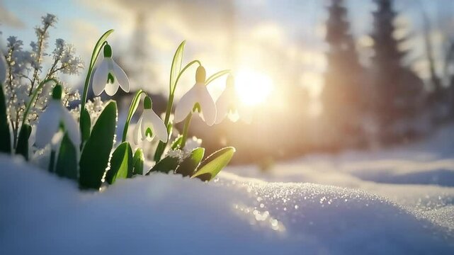 Delicate snowdrops emerge from winter's snow, bathed in golden sunlight