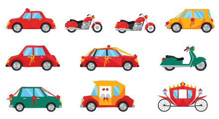 Collection Of Festive Decorated Vehicles Including Cars, Motorcycles, And Carriages For Celebrations