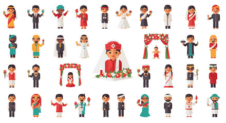 Colorful Flat Vector Illustrations of Diverse Traditional South Asian Wedding Characters and Ceremonies