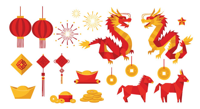 Vibrant Chinese New Year Flat Vector Elements Featuring Dragons, Lanterns, Gold, and Festive Symbols