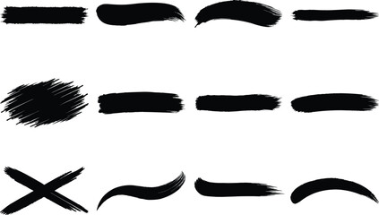 Black ink brush stroke set isolated on white background, hand-drawn paint textures, grunge sketch lines, artistic brush smudges, dry paint marks, abstract design elements collection