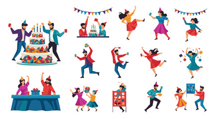 Fototapeta premium Vibrant Flat Vector Illustrations of Joyful People Celebrating and Dancing at a Festive Party