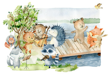 A truly delightful and charming illustration showcasing woodland creatures having fun together by the lakeside. Watercolor style.