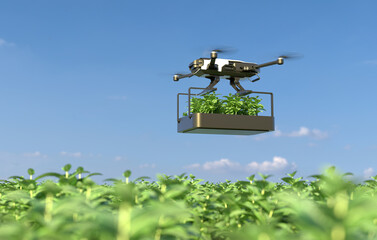 Drones transporting vegetables in a vegetable plot, Agriculture technology, Farm automation. 3D illustration