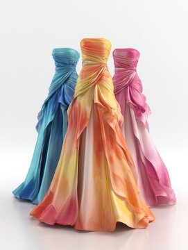 Three strapless dresses blue orangeyellow and pink stand against a plain white background
