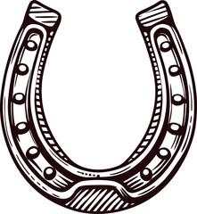 Vintage hand drawn horseshoe illustration in black and white engraved isolated on white background