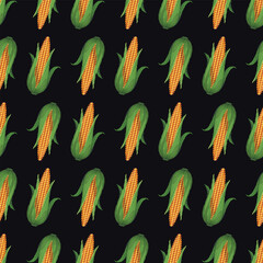 Pixel art seamless pattern with corn cobs and green husks. Stylized repeat design on dark backdrop in retro 8-bit style. Vector illustration.