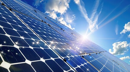 Solar Panel Array Technology Background: High-Resolution 3D Render of Photovoltaic Systems with Realistic Solar Panel Arrays – Ideal for Renewable Energy Projects, Green Technology Visuals, Sustainabl