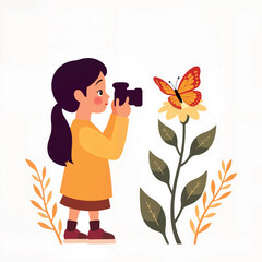 Girl capturing butterfly on flower, joy of nature photography