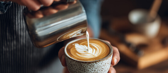 Barista expertly pours steamed milk into a cup of espresso, creating beautiful latte art.