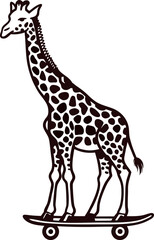 Naklejka premium Stylized illustration of a standing giraffe riding a skateboard in black and white on a plain background