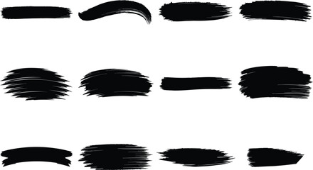 Black grunge brush stroke set on white background, ink texture collection for abstract design, paint stroke vector pack