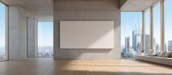 Modern living room with windows, panoramic city view and a blank canvas mockup on a concrete wall banner.