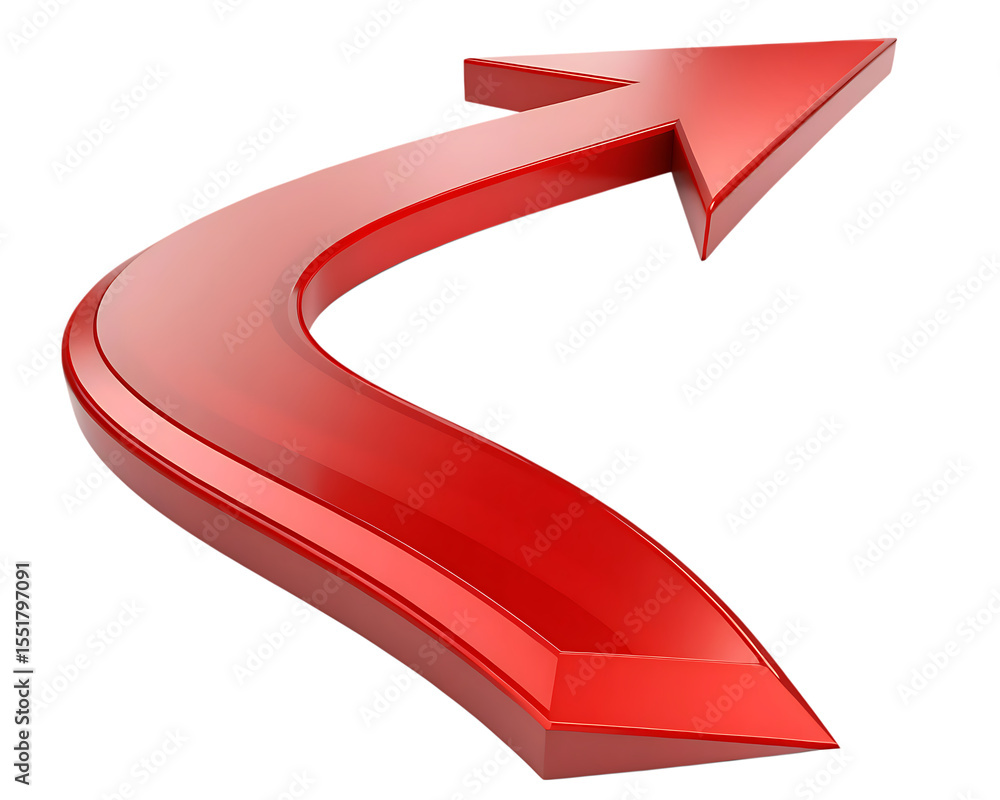 Poster shiny red curved arrow pointing upwards and to the right isolated on transparent background