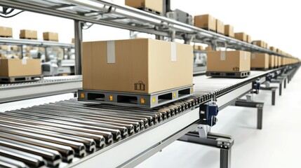 3D lineup of automated conveyor belts with product boxes on white background