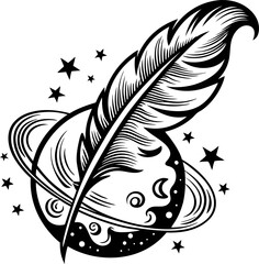 Feather quill overlapping crescent moon with stars tattoo inspired black and white celestial illustration