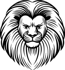 Obraz premium Bold black and white illustrated lion head with detailed mane and intense facial expression