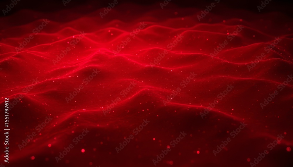 Poster vibrant red abstract background with flowing waves and sparkling glitter effect for modern design