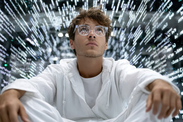 Young man in white clothing reflecting in a digital environment filled with flowing data streams