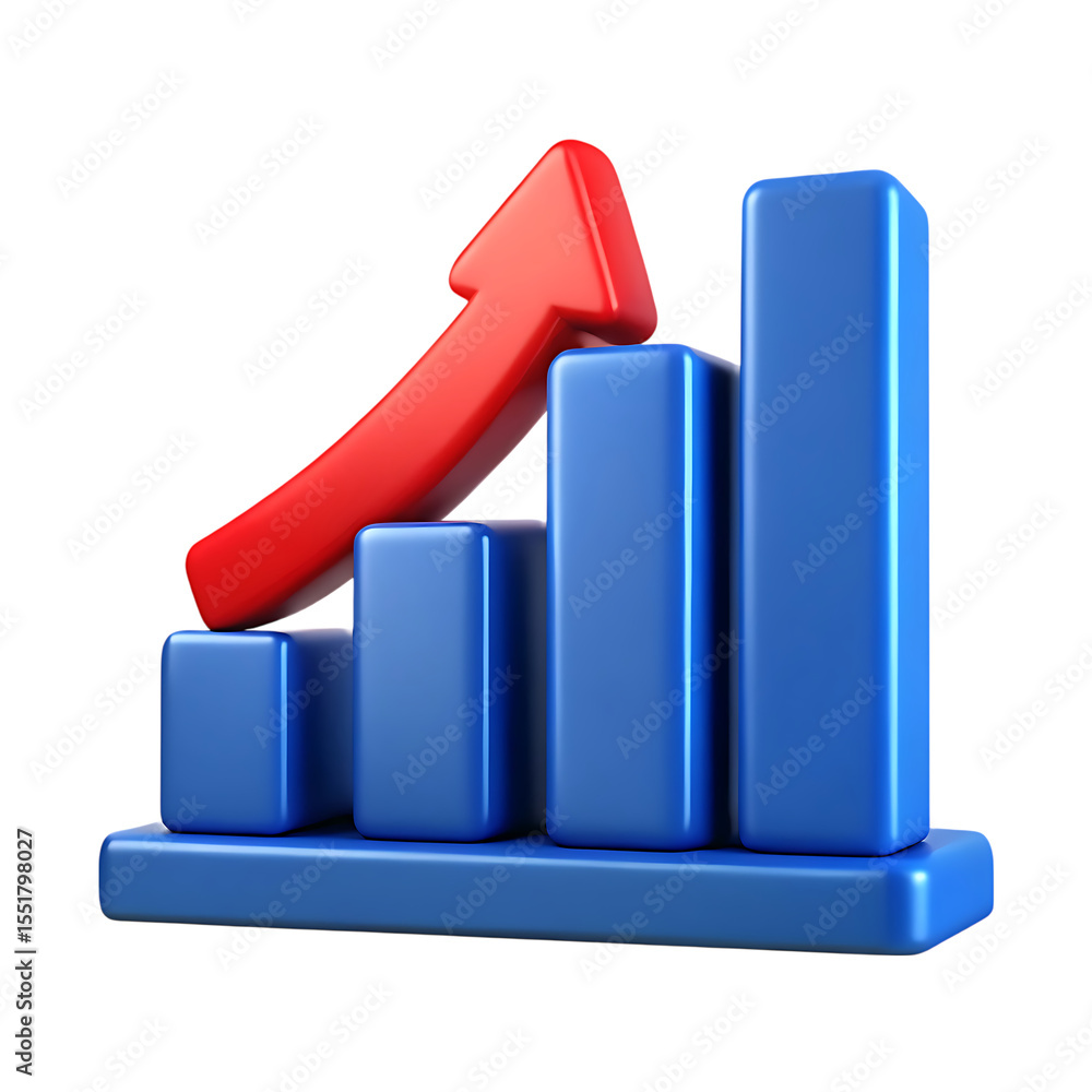 Poster 3d blue bar chart with red upward arrow showing growth and success isolated on transparent backgroun