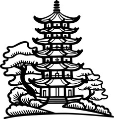 Traditional asian pagoda illustration with stylized trees and ornamental garden elements in black and white