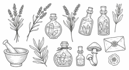 Set of hand drawn whimsical illustrations of herbs and potion bottles. Doodle drawings of lavender sprigs, crystal vials, mortar & pestles, mushrooms, and wax-sealed letters. 